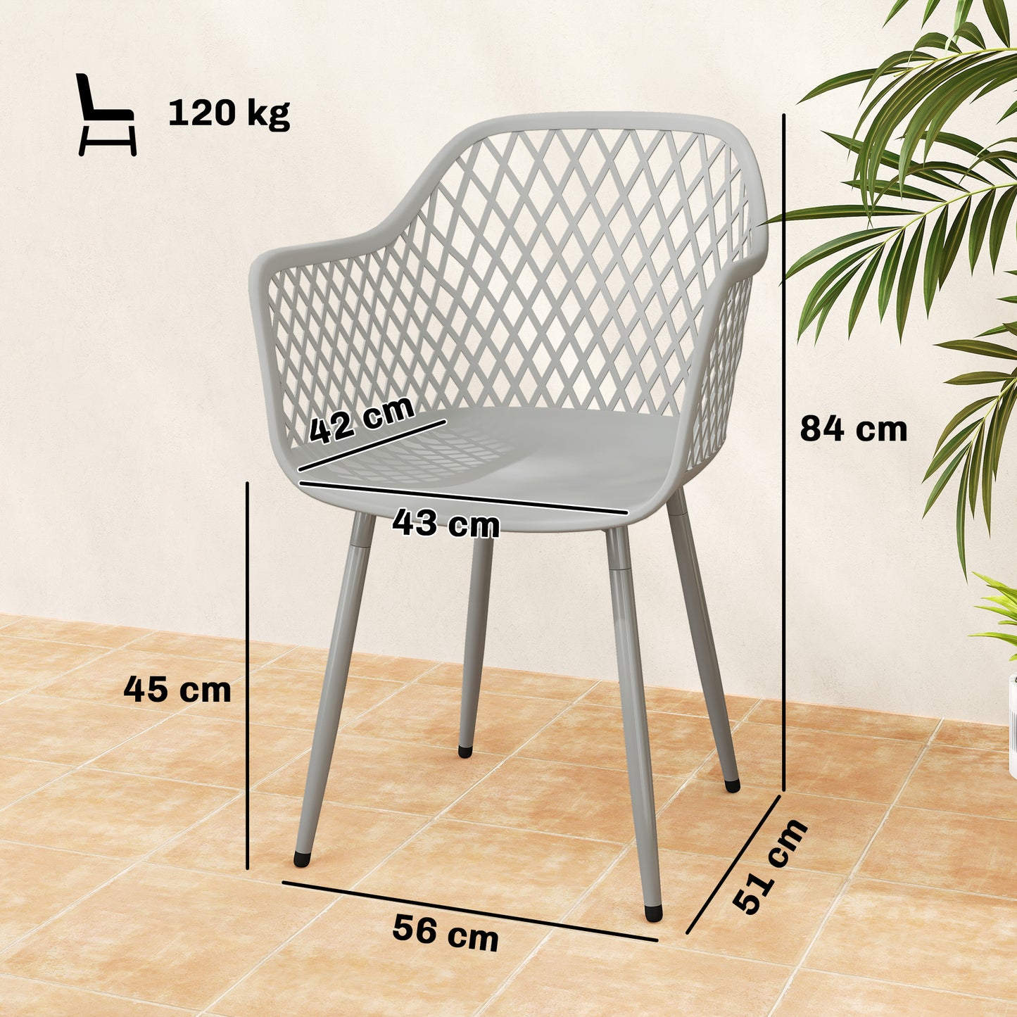 Set of 4 Garden Dining Chairs | Diamond Cut-Out Back | Armrests | Anti-UV PP | 120kg | Grey