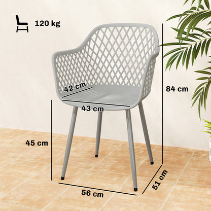 Set of 4 Garden Dining Chairs | Diamond Cut-Out Back | Armrests | Anti-UV PP | 120kg | Grey