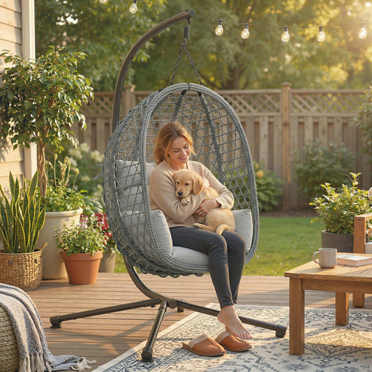 Hanging Egg Chair | Handwoven Rattan | Foldable Basket | 15cm Cushion & Headrest | Dark Grey