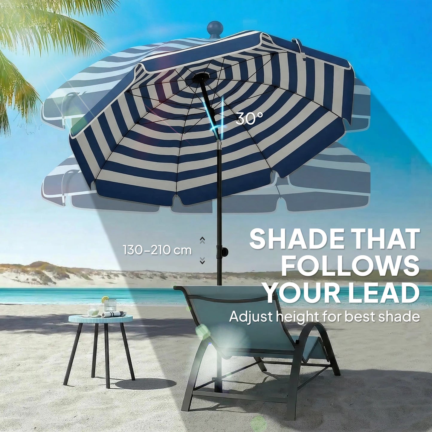Beach Umbrella Parasol | 1.8m | 30° Tilt | UPF30+ | 130-210cm Adjustable | Sand Anchor | Carry Bag | Blue & White