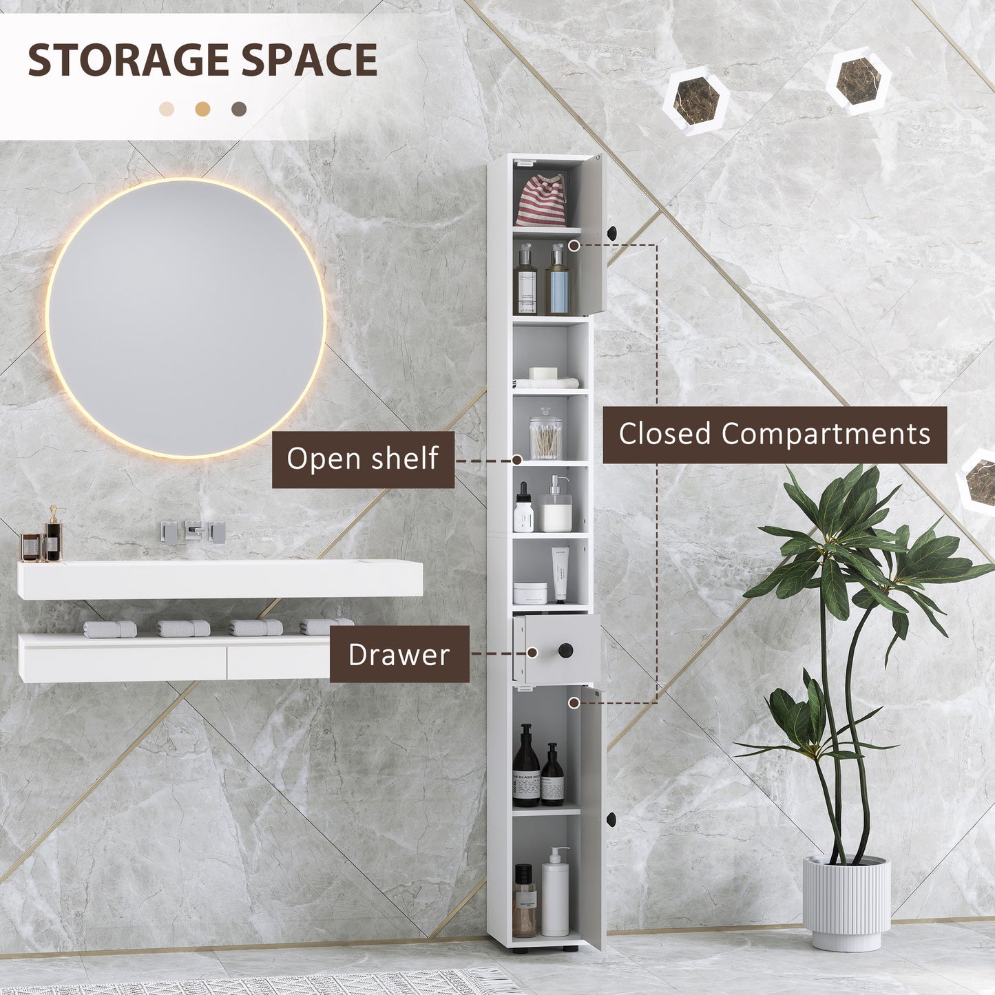 Kleankin 180cm Slim Bathroom Cabinet, with Drawer, Shelves and Cupboards - Light Grey