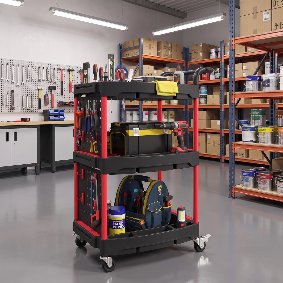 3-Tier Rolling Tool Cart | Mobile Workshop Trolley with Pegboard, 8 Hooks & 2 Brakes | 130 kg Capacity | Black & Red