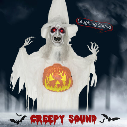 6ft Outdoor Halloween Decoration Witch with Pumpkin, Standing Skeleton Witch Prop Life Size with Sound and Motion Activated, Light Up Eyes, Laughing Sound, Posable Arms, White