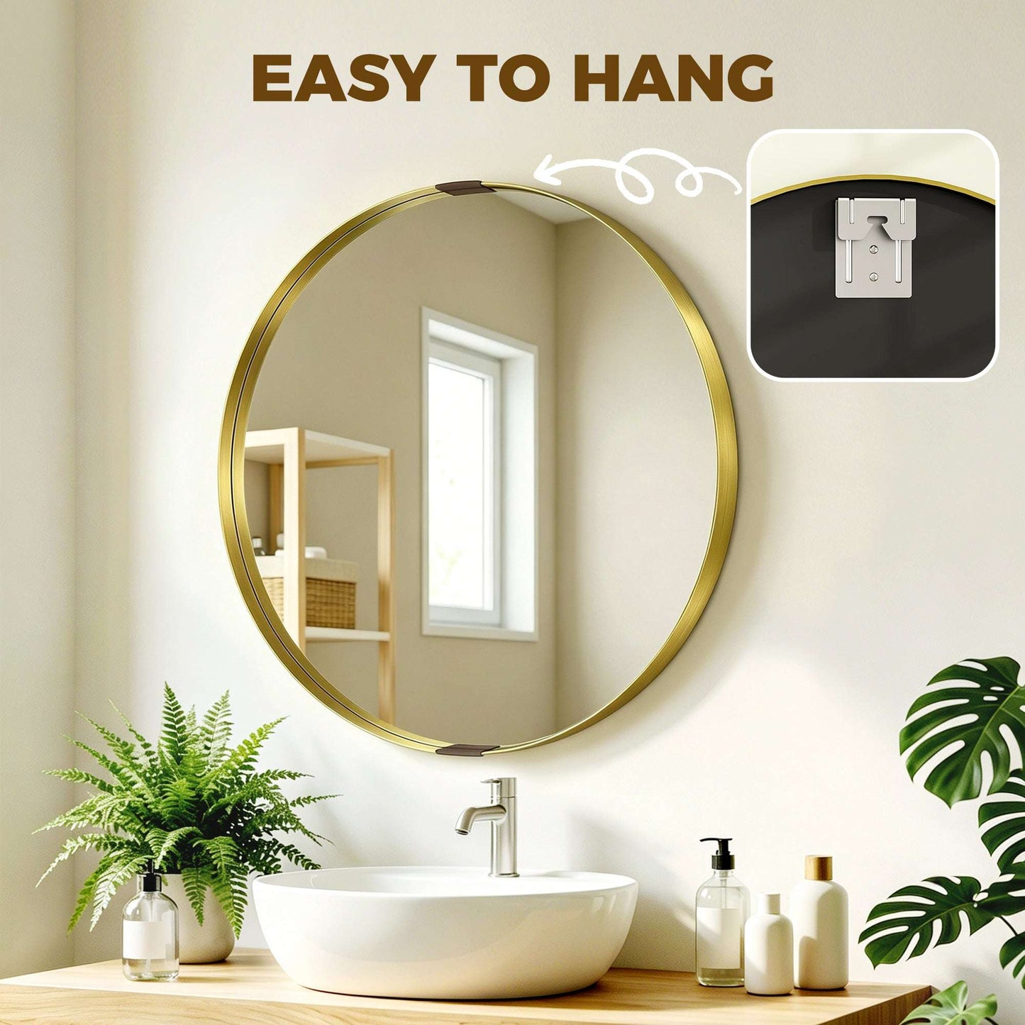 Round Wall Mirror | Shatterproof Tempered Glass | Anodised Aluminium Alloy Frame | 4cm Deep 3D Effect | 61cm Diameter | No Assembly | Gold Tone