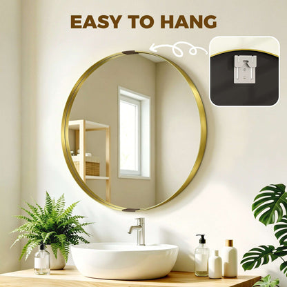 Round Wall Mirror | Shatterproof Tempered Glass | Anodised Aluminium Alloy Frame | 4cm Deep 3D Effect | 61cm Diameter | No Assembly | Gold Tone