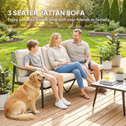 3 Seater Rattan Garden Sofa | Wood-Effect Armrests | Cut-Out PE Wicker Backrest | 8cm Seat & 12cm Back Cushions | Tapered Legs | Steel Frame | 360kg | 176x75x78cm | Khaki