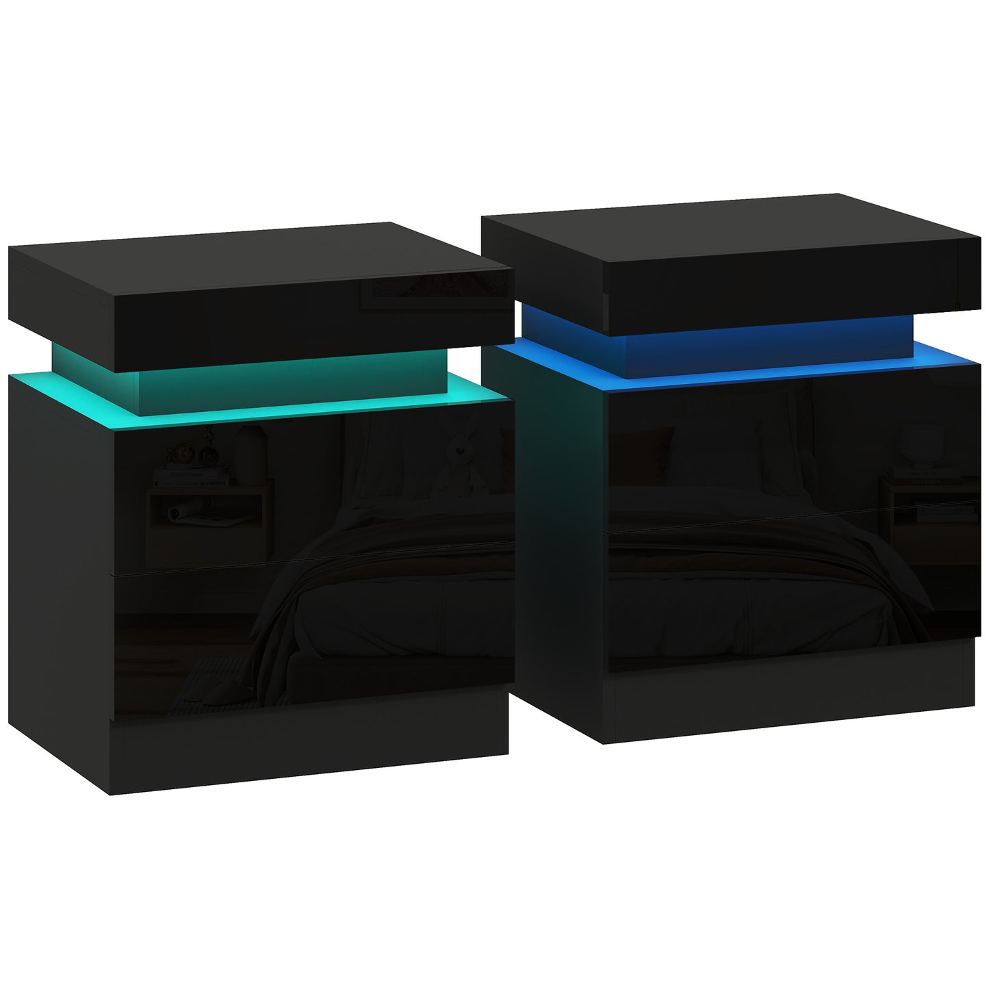 Set of 2 High Gloss Bedside Tables | RGB LED Light | 2 Drawers | Black