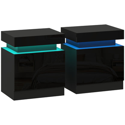 Set of 2 High Gloss Bedside Tables | RGB LED Light | 2 Drawers | Black