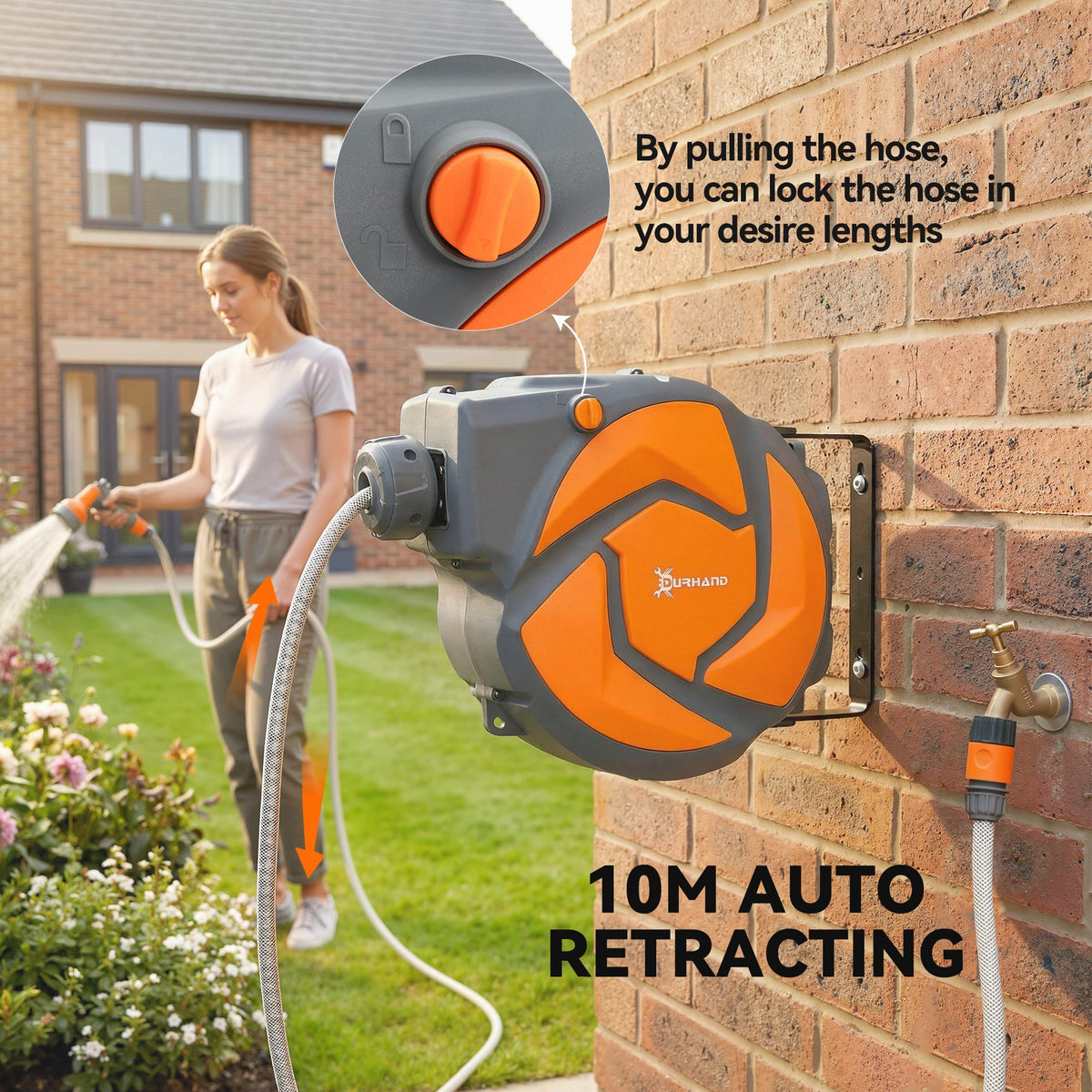 10m Wall Mounted Auto Rewind Garden Hose Reel | 7 Pattern Spray Nozzle | 180° Swivel Bracket | 10 Bar | Orange