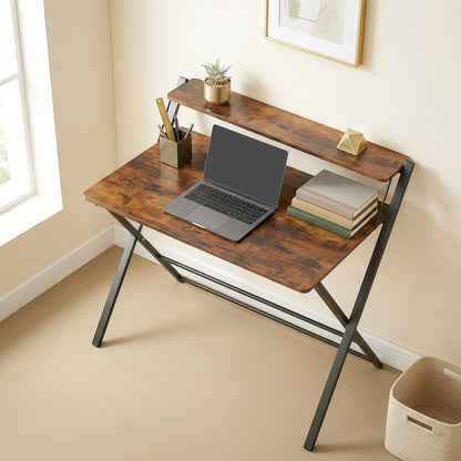 Compact Folding Desk for Small Spaces | Upper Storage Shelf | X-Frame | Melamine Surface | Curved Corners | Folds to 4.5cm | 86x66x82cm | Rustic Brown