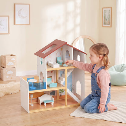 AIYAPLAY Wooden Dolls House | 3 Storeys & 5 Play Areas | 11 Movable Accessories | Balcony & Stairs | 66cm Tall | White | Ages 3+