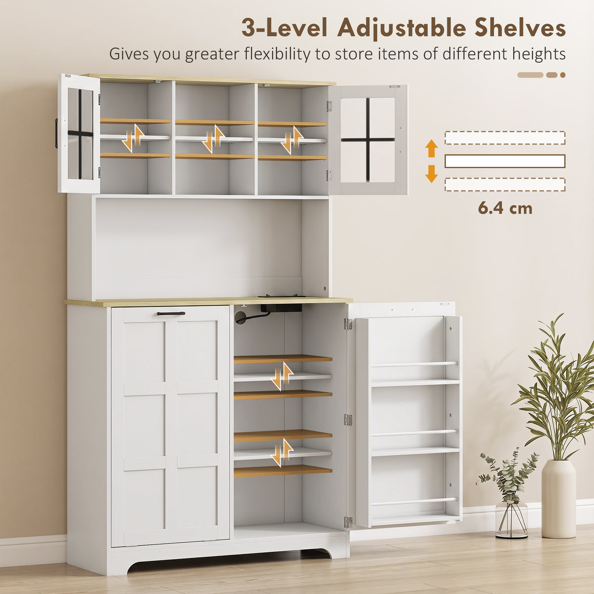 175cm Tall Kitchen Cabinet | Bin Cabinet | Acrylic Doors | 3 AC Outlets | Adjustable Shelves | 141kg | 100x35x175cm | White