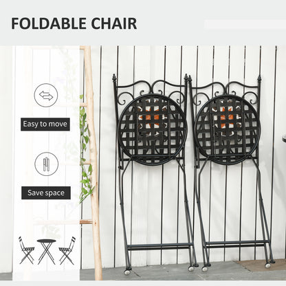 3 Piece Garden Bistro Set | Ceramic Tile Round Table Dia 60cm | 2 Folding Chairs | Mosaic Pattern | Metal Frame | 100kg | Indoor & Outdoor | Black