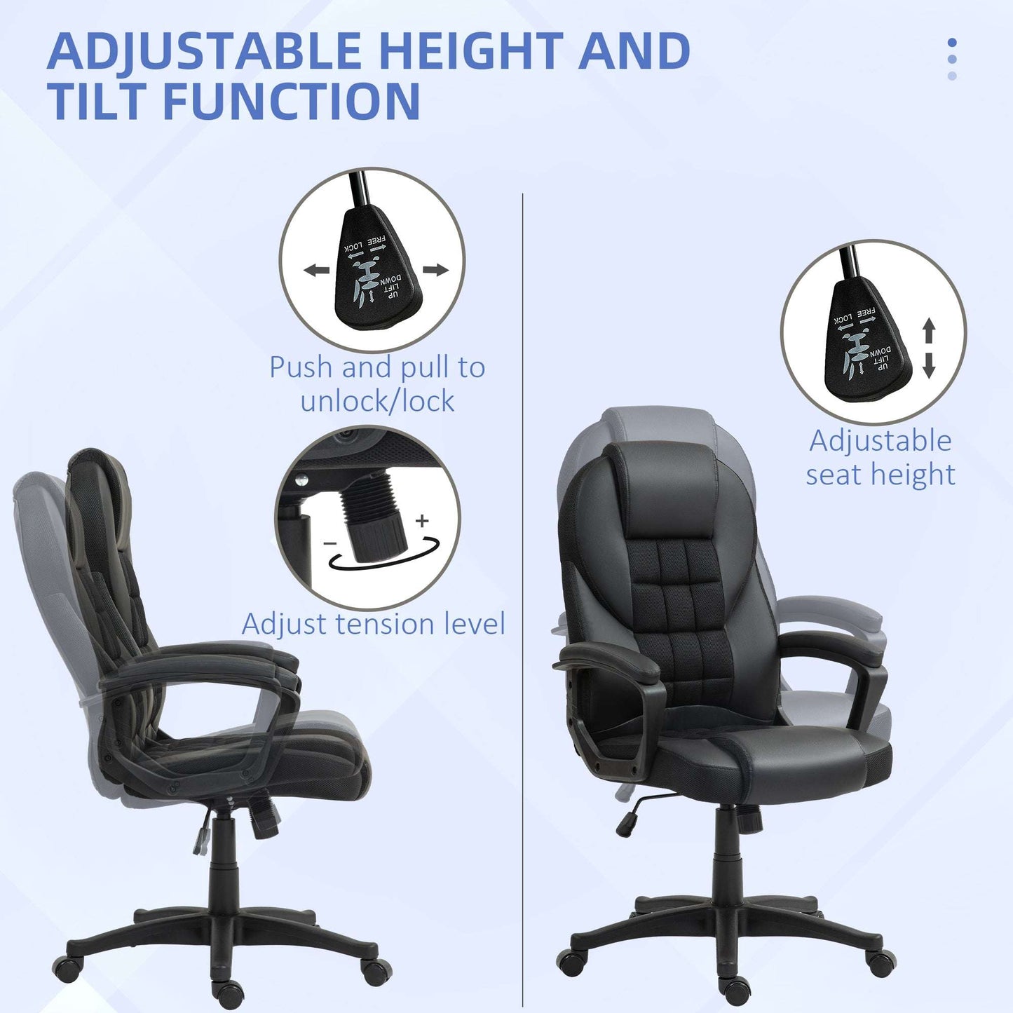 Executive Office Chair, PU Leather High Back Desk Chair, Swivel Computer Chair with Adjustable Height and Tilt Function, Black