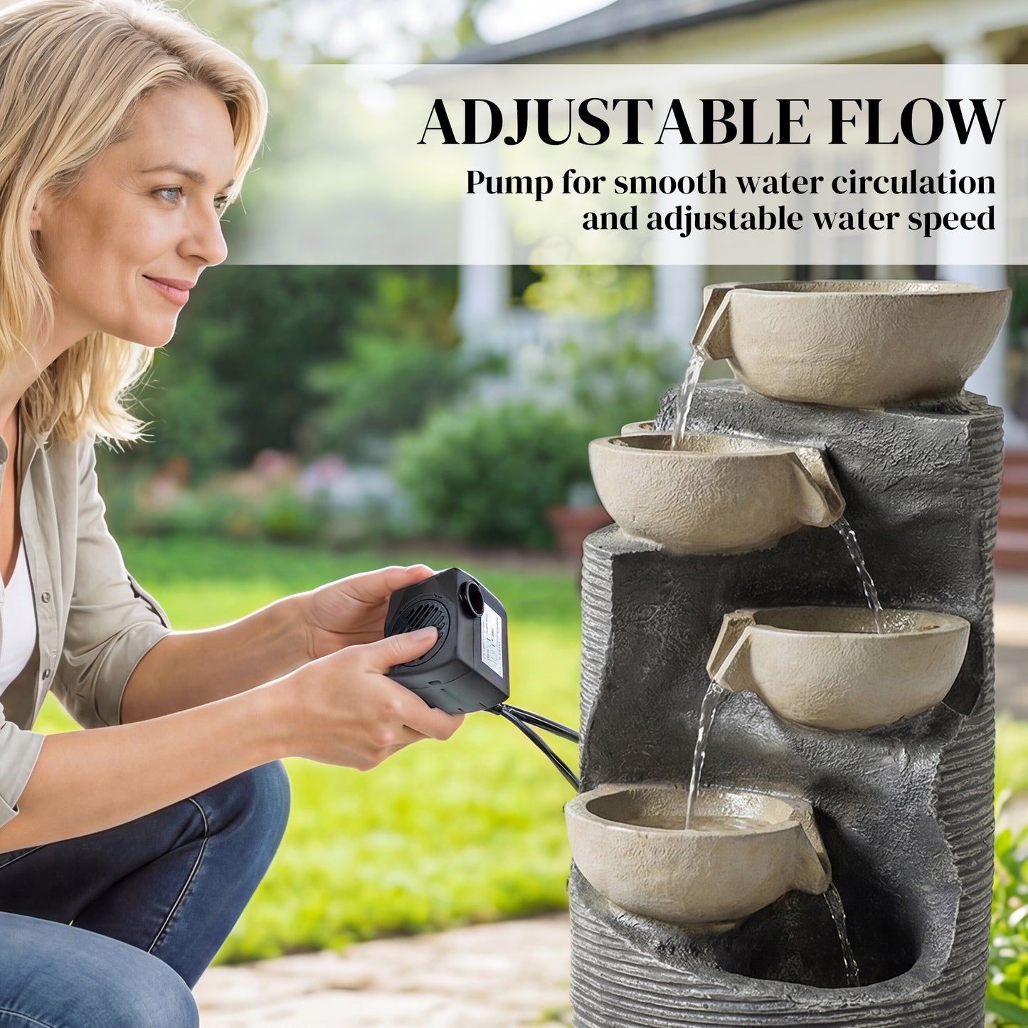 5-Tier Artisan Stone-Finish Resin Waterfall Fountain | LED Lights | Adjustable Flow | 22-25L | UK Plug | 230V | 3m Cable | 33x31x80cm | Indoor & Outdoor | Garden & Patio | Mixed Colour