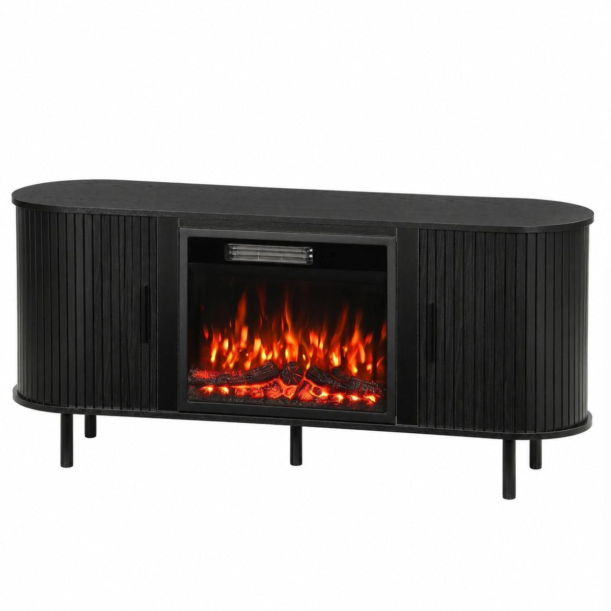 Electric Fireplace TV Stand | TVs up to 70 Inch | 150cm Black Fluted Storage Unit | 900W/1800W, 12 Flame Colours & Remote