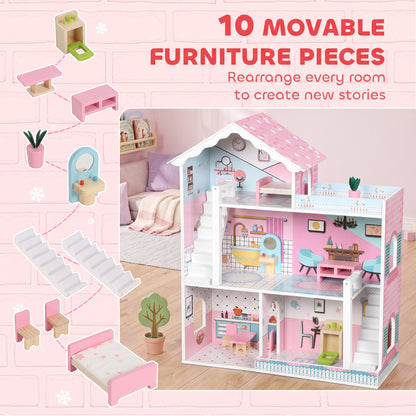 Kids Large 3-Storey Dolls House | 10 Accessories Included | Fits Dolls Up to 20cm | Detailed Rooms & Balcony | MDF | Smooth Edges | STEM-Inspired Pretend Play | 60.5x24x72.5cm | Ages 3–6 | Pink