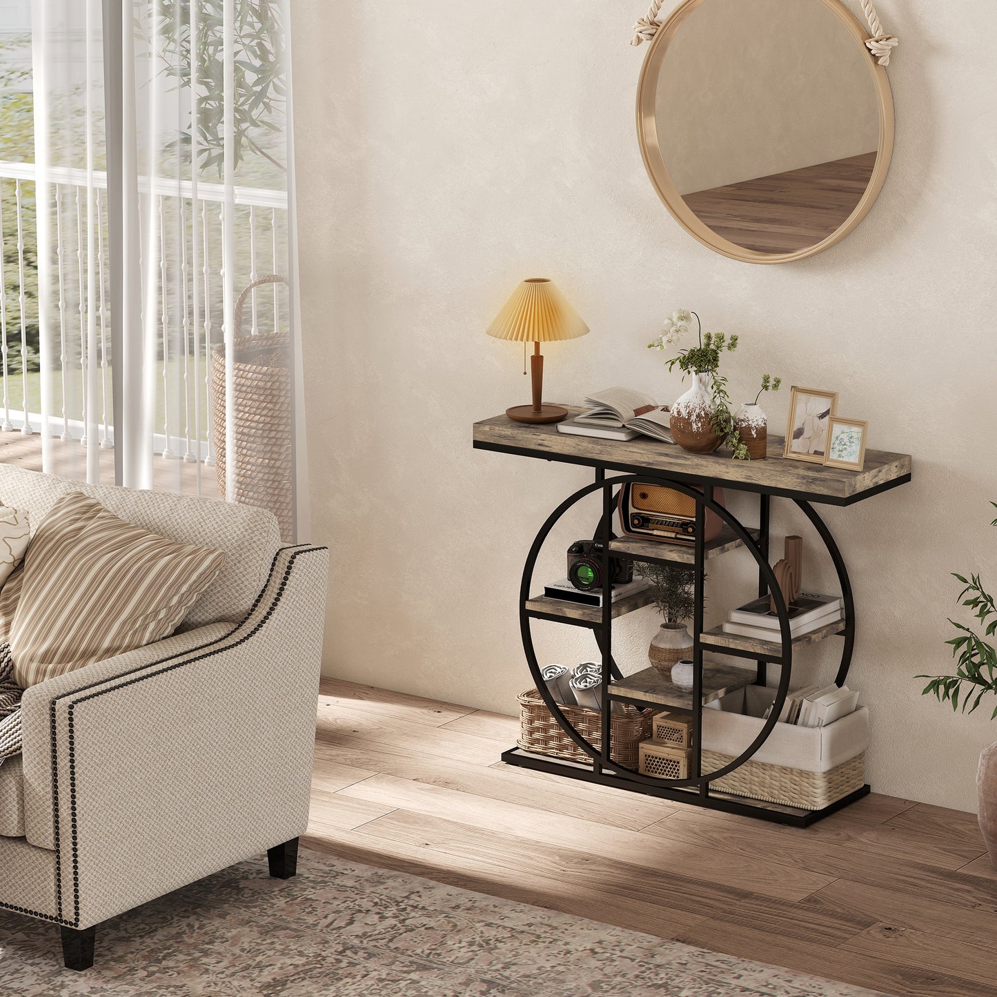 Industrial Console Table with Storage Shelves - Rustic Brown