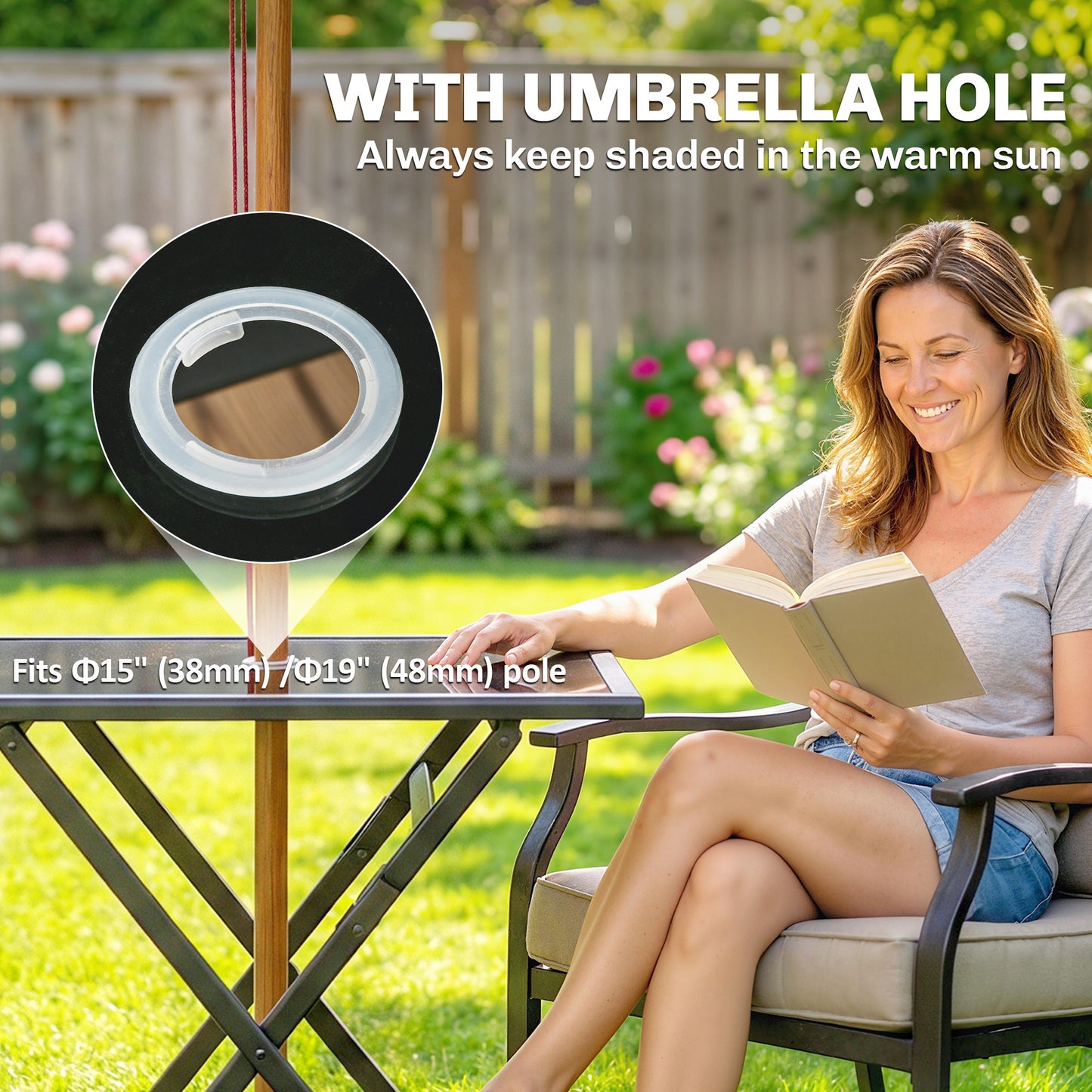 Folding Square Garden Dining Table | Tempered Glass Top | Parasol Hole | 70x70x70cm | Black