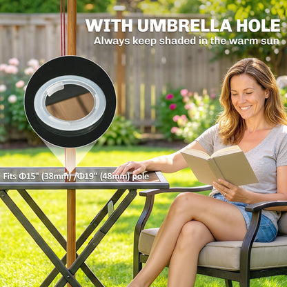 Folding Square Garden Dining Table | Tempered Glass Top | Parasol Hole | 70x70x70cm | Black