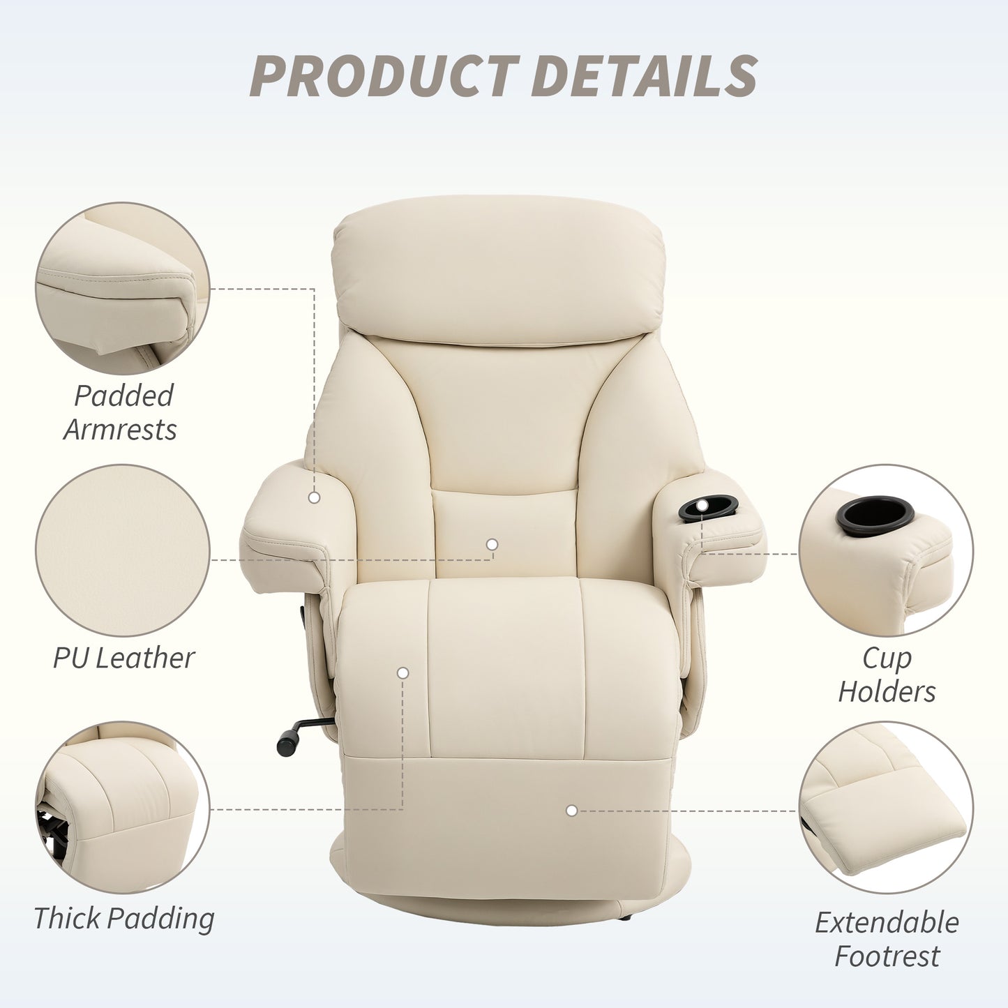 Manual Recliner Chair with Footrest, Upholstered Reclining Armchair with Adjustable Backrest and Cup Holder, PU Leather Swivel Chair, Cream White