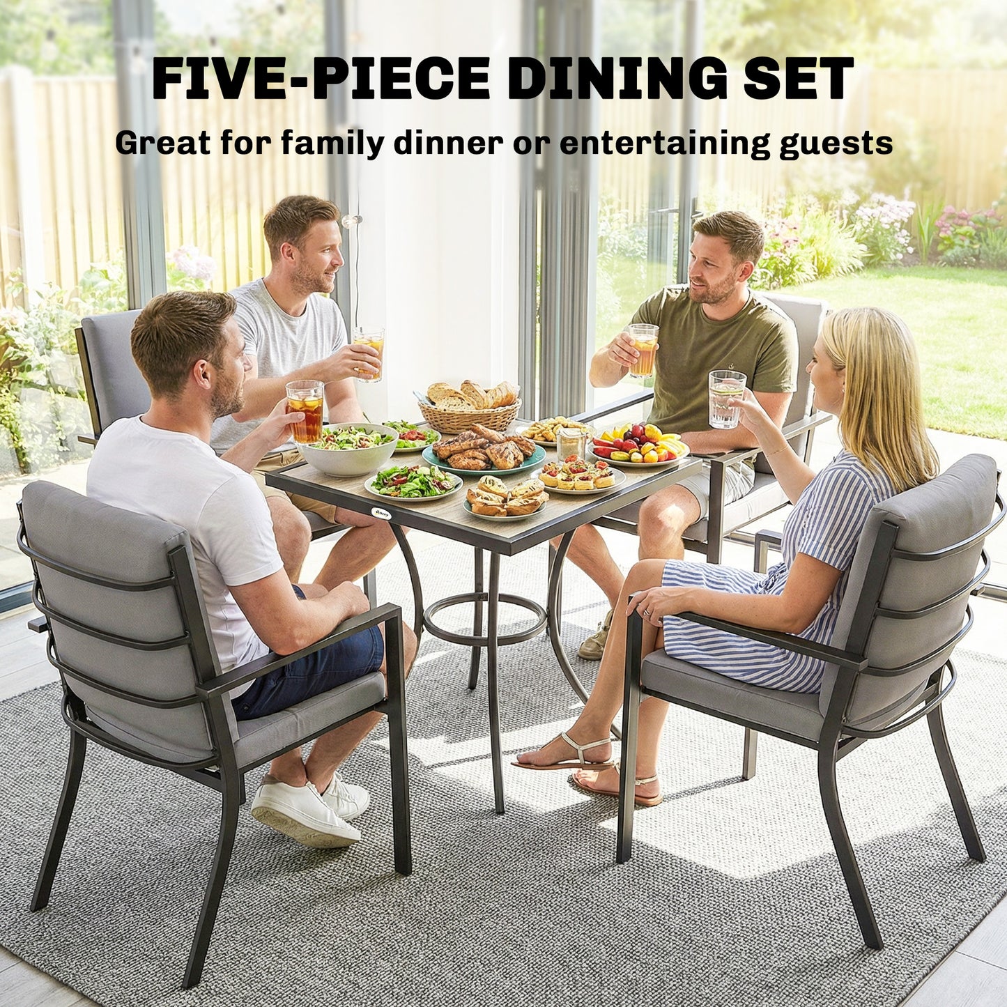 5-Piece Garden Dining Set | 80cm Square Table | 4 Stackable Armchairs | 8cm Seat & 15cm Back Cushions | Washable Covers | Powder-Coated Steel | 120kg Per Chair | Grey Wood Effect