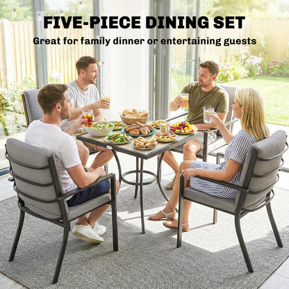 5-Piece Garden Dining Set | 80cm Square Table | 4 Stackable Armchairs | 8cm Seat & 15cm Back Cushions | Washable Covers | Powder-Coated Steel | 120kg Per Chair | Grey Wood Effect