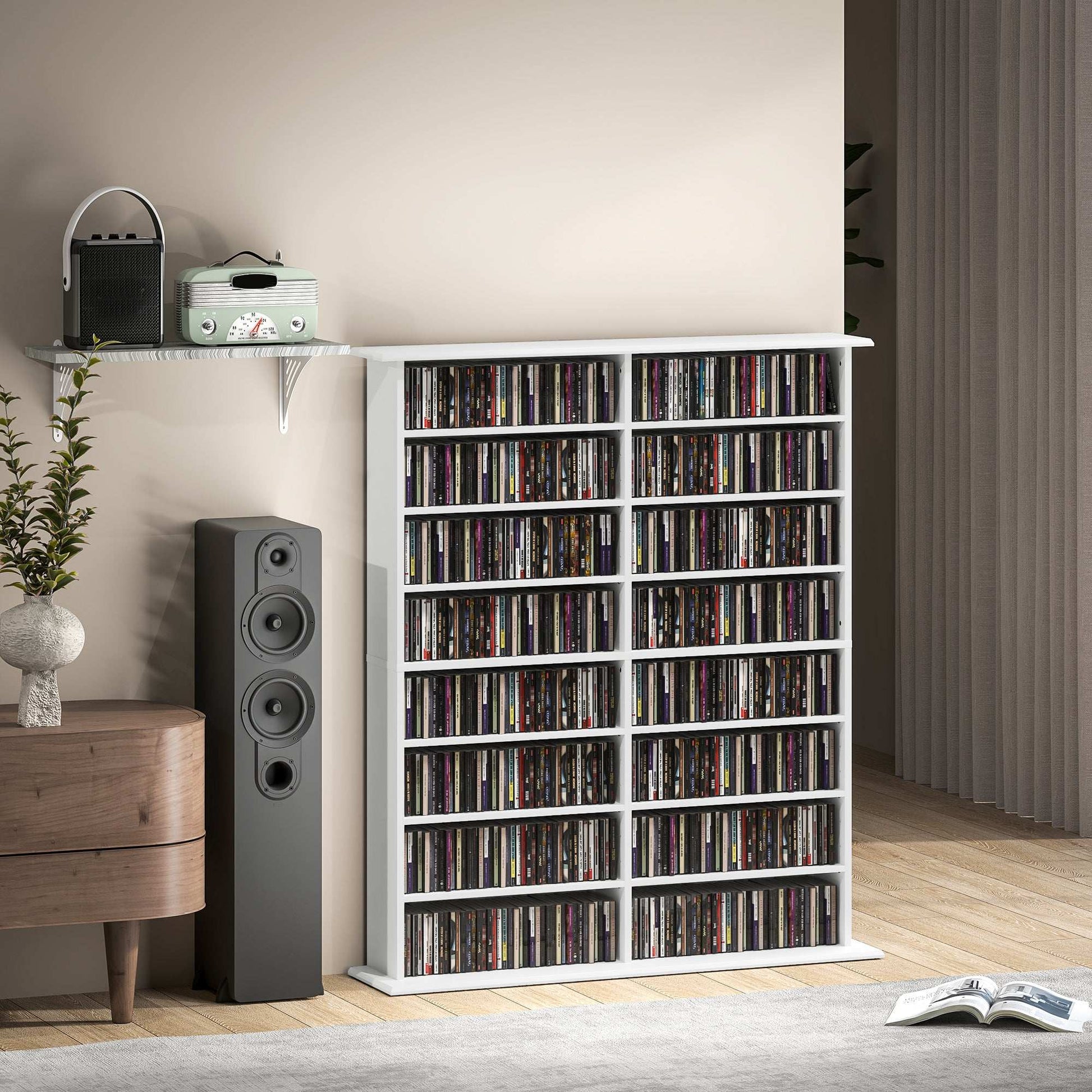 16-Compartment Media Shelf Unit Organiser - White / Brown