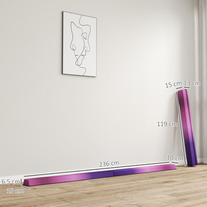 SPORTNOW Folding Gymnastics Floor Balance Beam | Purple & Pink | 236x10cm | Folds to 120cm | EVA Foam Core | 10cm Top 15cm Anti-Slip Base | Hook & Loop | 80kg | Age 3+ | Home Gym