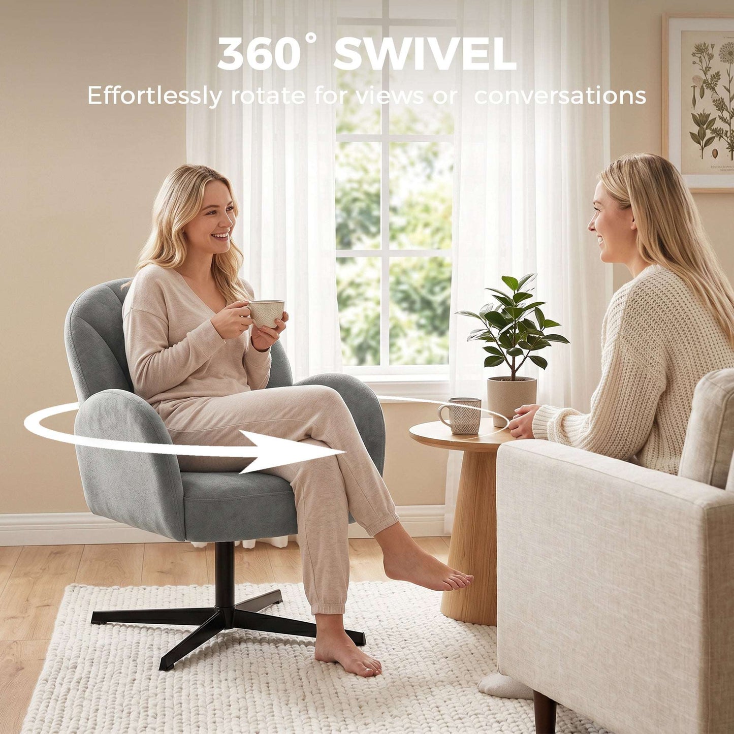 Shell-Shaped Swivel Accent Chair | 360° Swivel | 11cm Spring-Packed Seat | Velvet-Feel Fabric | Metal Base | Plastic Floor Pads | 120kg | 64.5x68x80cm | Grey