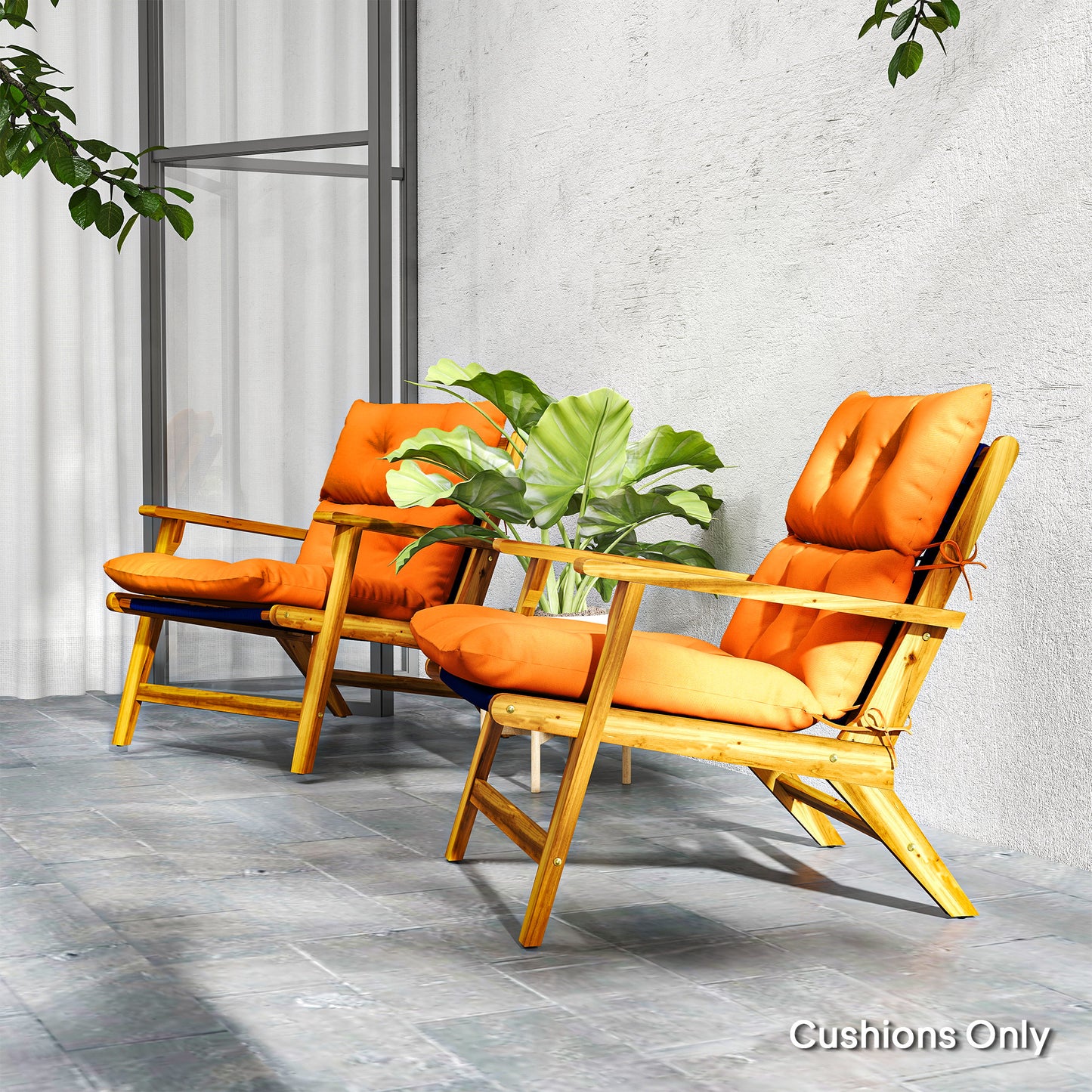 Set of 2 Garden Chair Cushions | 10cm Thick | PP Cotton Filling | Button Detail | Tie Fastenings | Fade & Stain Resistant | Adirondack & Rocking Chairs | 115 x 56 x 10cm | Orange