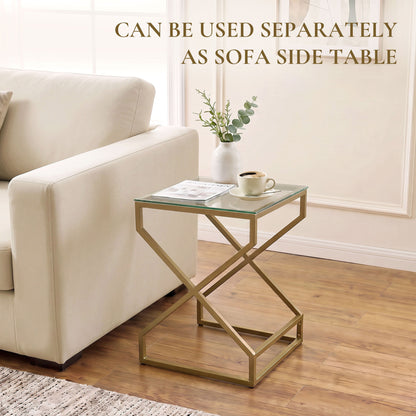 Nest of 2 Tables | Tempered Glass Tops | Gold-Tone Steel Tube Frame | Nesting Design | Adjustable Foot Pads | Large 40x40x55cm Small 35x35x50cm | 20kg Capacity | Transparent & Gold