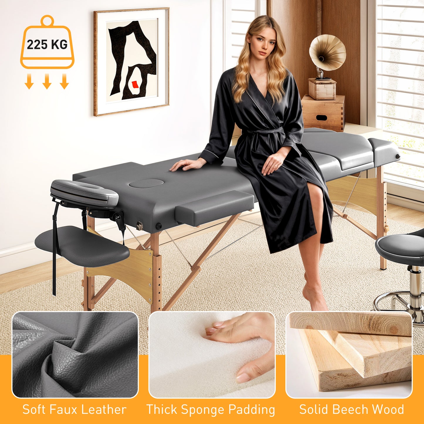 Foldable Massage Table with Beech Wood Legs - Grey / Black