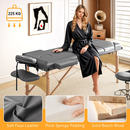 Foldable Massage Table with Beech Wood Legs - Grey / Black