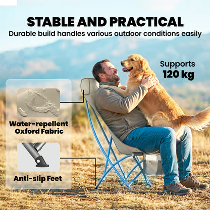Outsunny Moon Camping Chair – Heavy Duty Folding Camp Chair, 120kg, Water-Repellent Oxford Fabric, Side Pocket & Carry Bag – Khaki