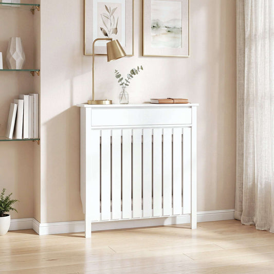 MDF & Particle Board Radiator Cover with 1 Drawer | Vertical Slats | Flat Top Display Surface | Wall Mountable | Pre-Cut Outs | 14kg Capacity | 88.5x19x93cm | White