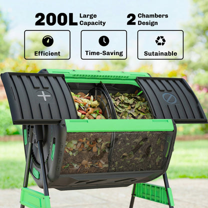 200L Dual Chamber Tumbling Compost Bin | 360° Rotation | 8 Adjustable Vents | BPA Free | Elevated Base | Green