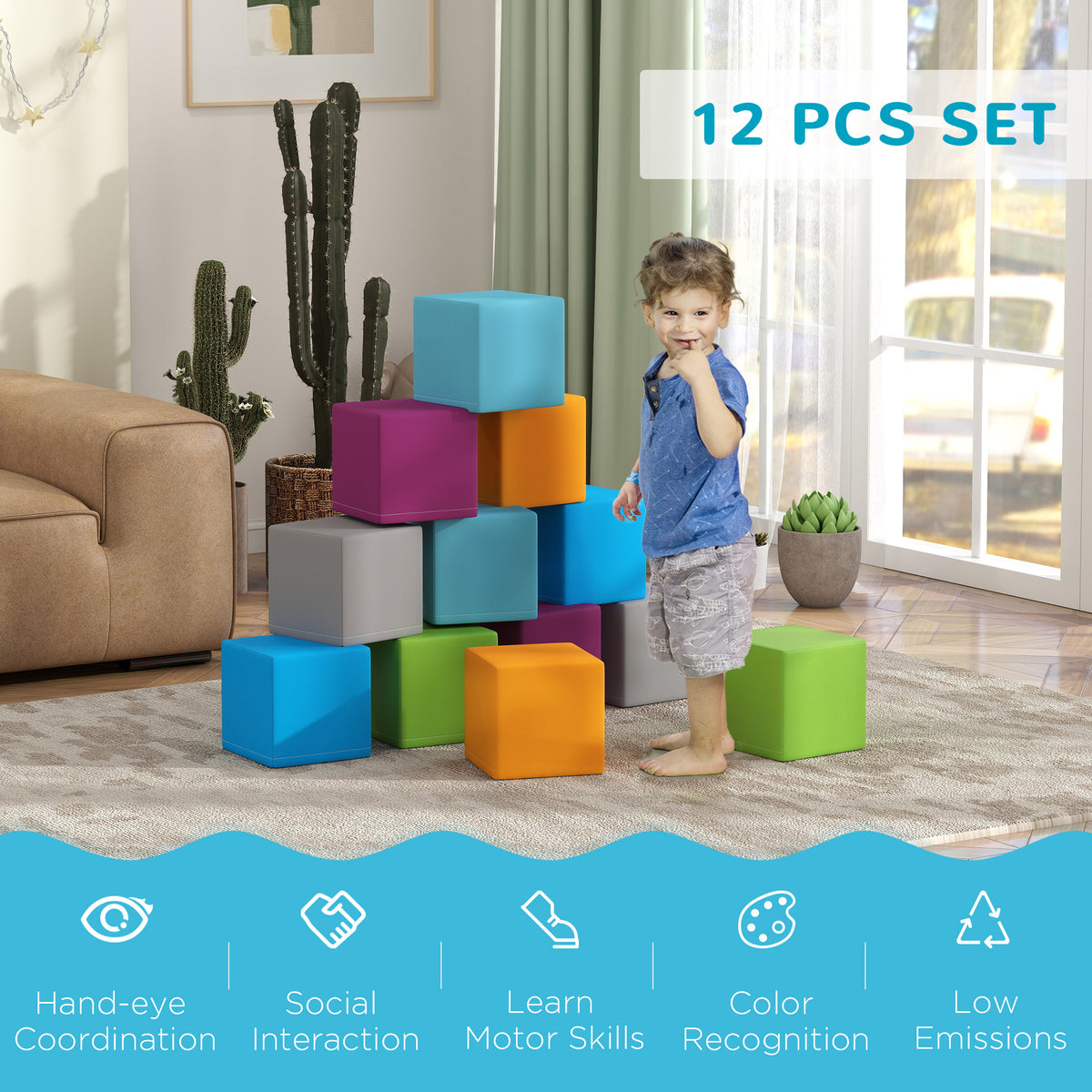 12 Piece Soft Foam Play Blocks | Building & Stacking Toy | PU Cover | Ages 12–36 Months | Wipe Clean | Multi-colour
