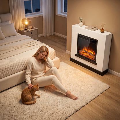 80cm Freestanding Electric Fireplace Suite | 900/1800W, Log Effect, 5 Brightness & Speed Settings | Remote, 8-Hour Timer & White Surround