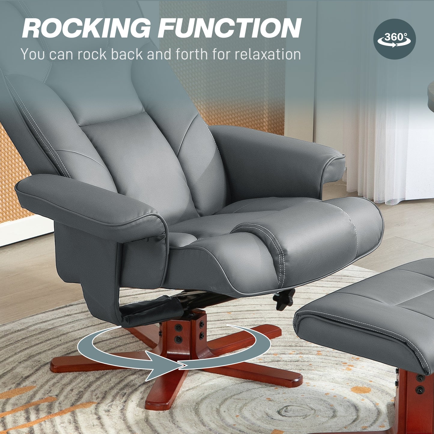 Faux Leather Manual Recliner and Footstool Set - Grey