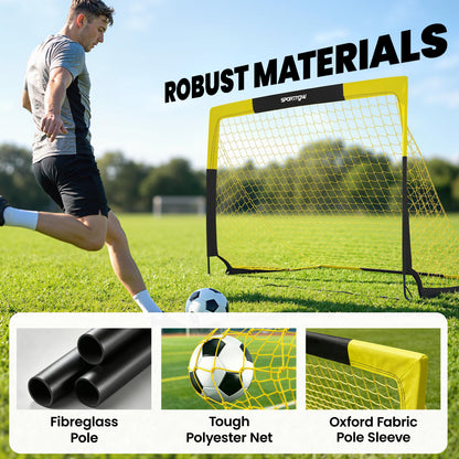 Set of 2 Pop-Up Football Goals | Instant Open & Fold Flat | Fibreglass Poles & Metal Tubes | Polyester Net | Oxford Edging | 8 U-Shaped Stakes | Carry Bag | 150x110x110cm | Age 5+ | Yellow & Black