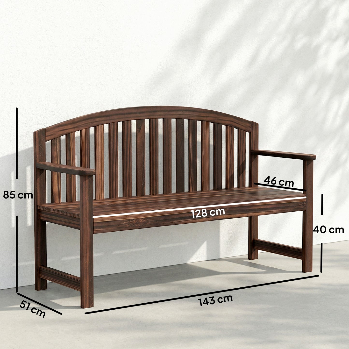 2-Seater Fir Wood Garden Bench | Curved Back | Smooth Armrests | Slatted Seat & Back | Protective Varnish | 240kg Capacity | 143x51x85cm | Carbonised Finish