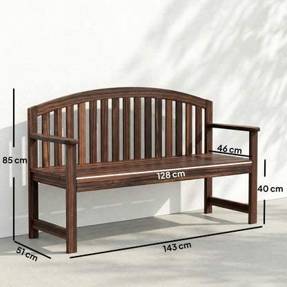 2-Seater Fir Wood Garden Bench | Curved Back | Smooth Armrests | Slatted Seat & Back | Protective Varnish | 240kg Capacity | 143x51x85cm | Carbonised Finish