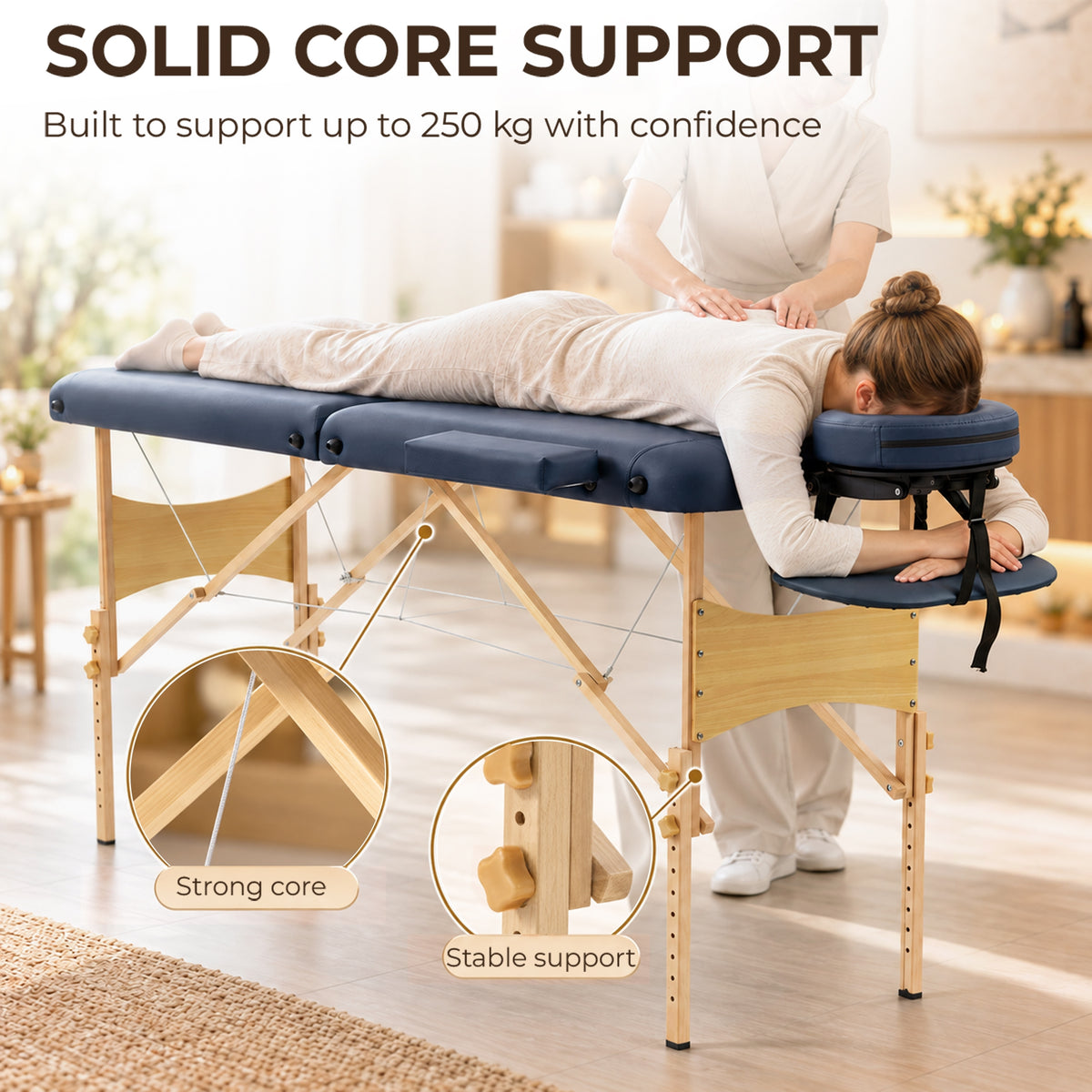 Portable Massage Table | Dark Blue 2-Section Folding Beauty Bed | Beech Frame, 4cm Padding & Carry Bag | Adjustable Height 67–92cm