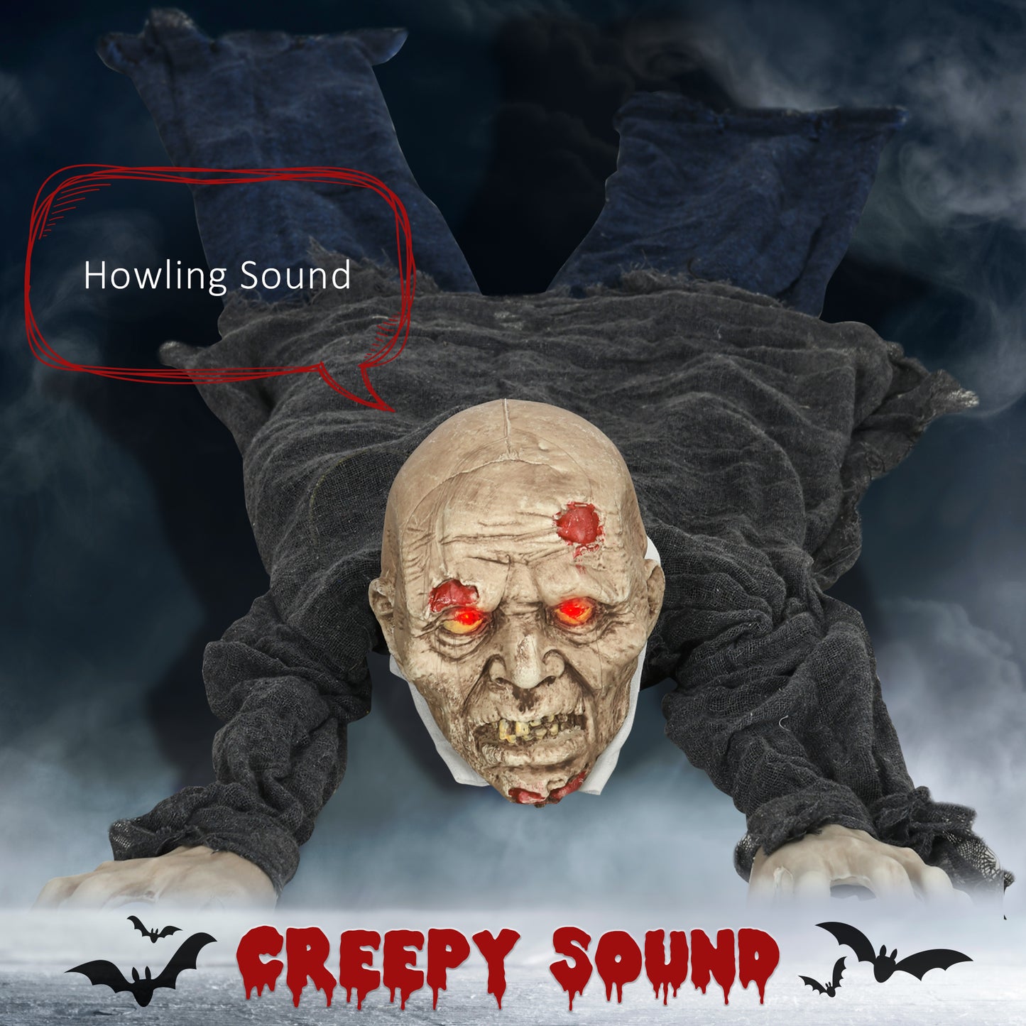 Life Size Outdoor Halloween Decoration Crawling Zombie, Animated Prop Decor with Sound and Motion Activated, Light Up Eyes, Howling Sound, Posable Arms
