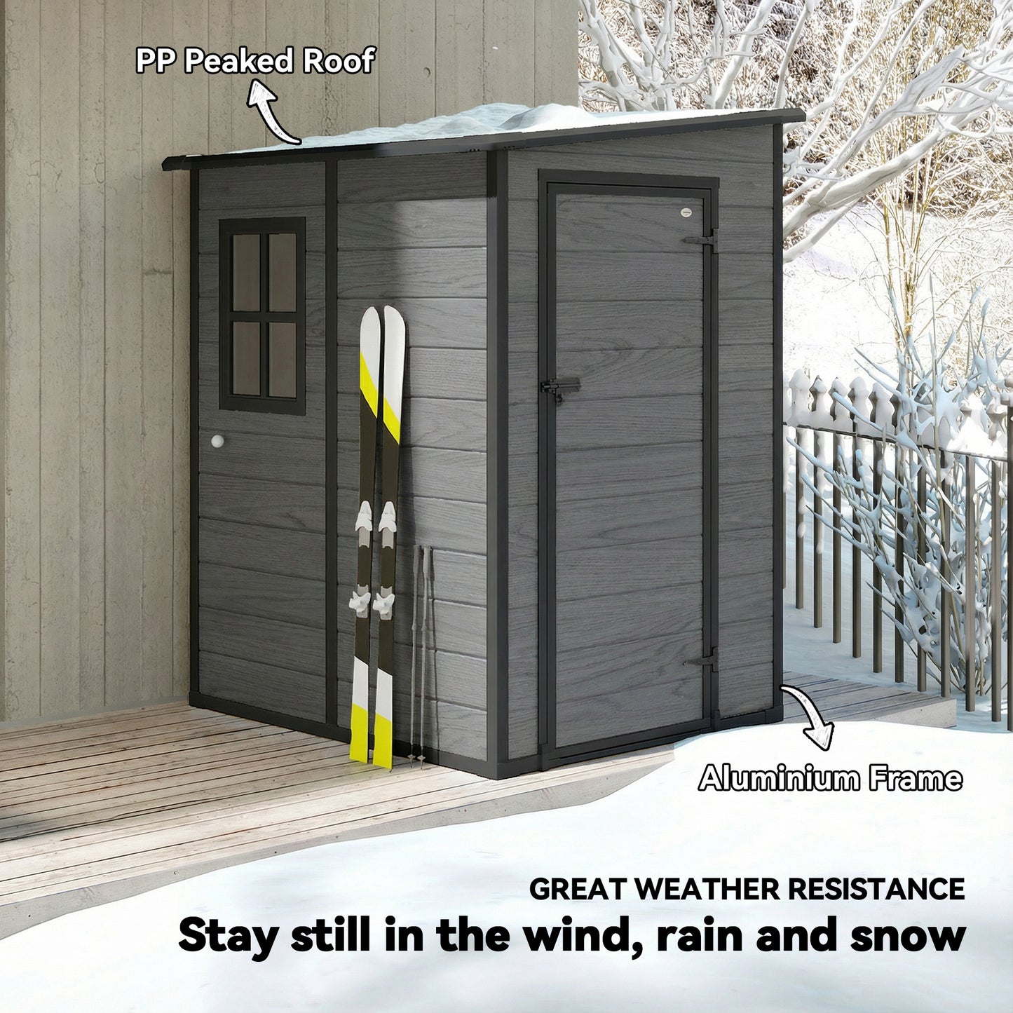 Aluminium Alloy & PP Lean-To Garden Storage Shed | Wood-Effect Finish | Lockable Door | Lock & 3 Keys | Window | Vent | Sloped Roof | 40kg/m² Snow Rating | 122x149x192cm | 1.54m²