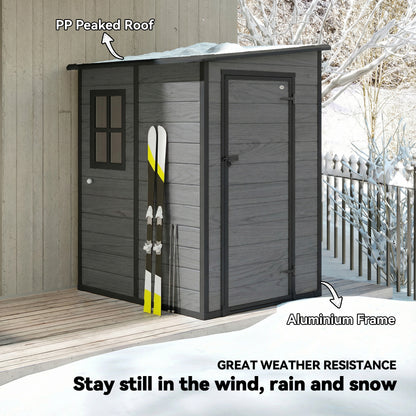 Aluminium Alloy & PP Lean-To Garden Storage Shed | Wood-Effect Finish | Lockable Door | Lock & 3 Keys | Window | Vent | Sloped Roof | 40kg/m² Snow Rating | 122x149x192cm | 1.54m²