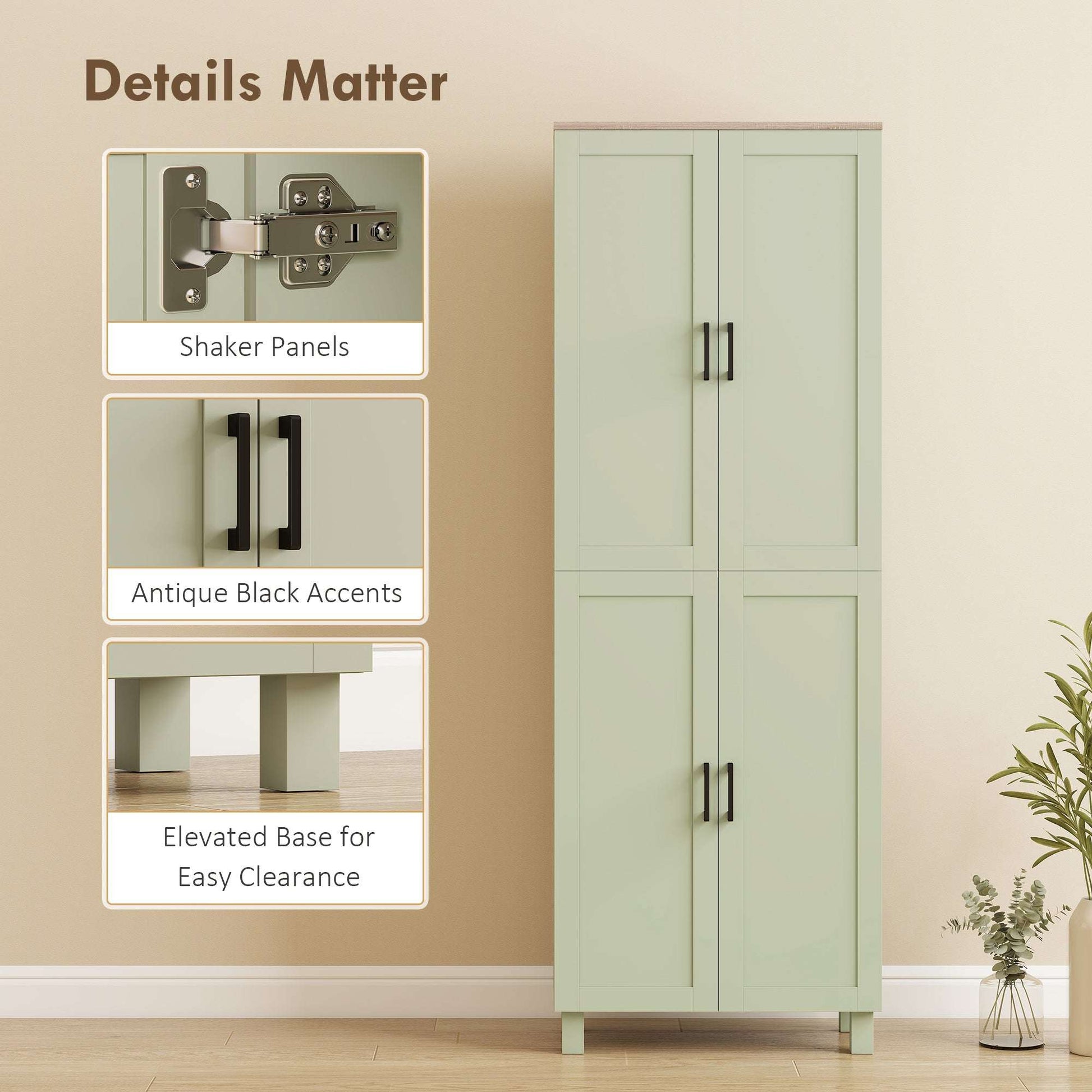 Freestanding Kitchen Cupboard, 4-Door Storage Cabinet with Adjustable Shelves, Modern Kitchen Pantry, 170cm, Green