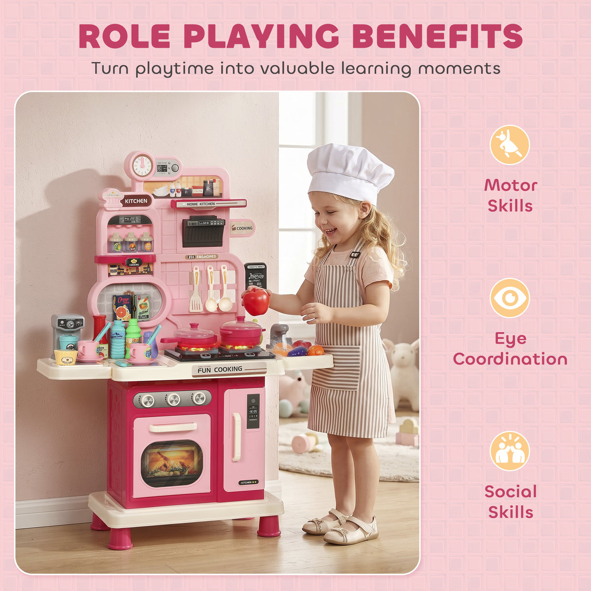 Kids Play Kitchen | Pink 33-Piece Pretend Cooking Set with Lights, Sounds & Water-Circulating Sink