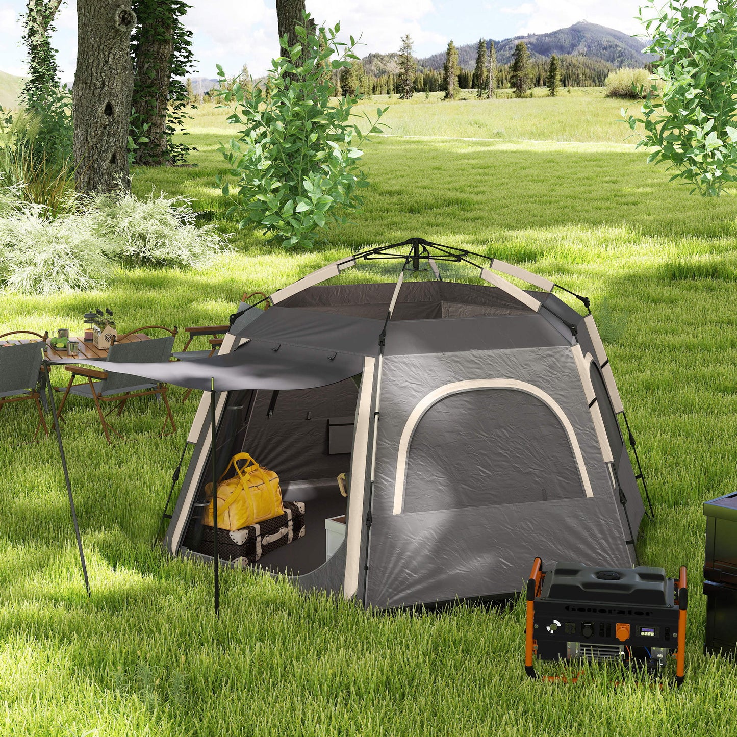 Instant Camping Tent, 2/3/4 Person Easy Setup Family Tent with Vestibule, Rainfly, 4 Mesh Windows & 2 Doors, Hexagonal Design, Waterproof